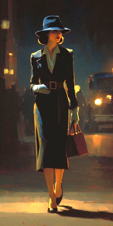 1930s female detective on street at night