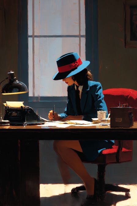 1930s female detective writing in office at night
