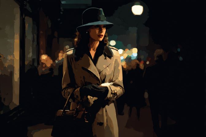 1930s female sleuth at night on street.